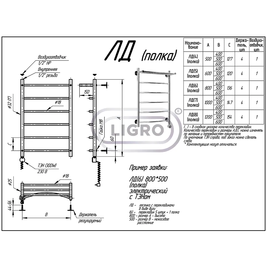 Полотенцесушитель Ligro ЛД (4) ТЭН 500x600 полка (5)