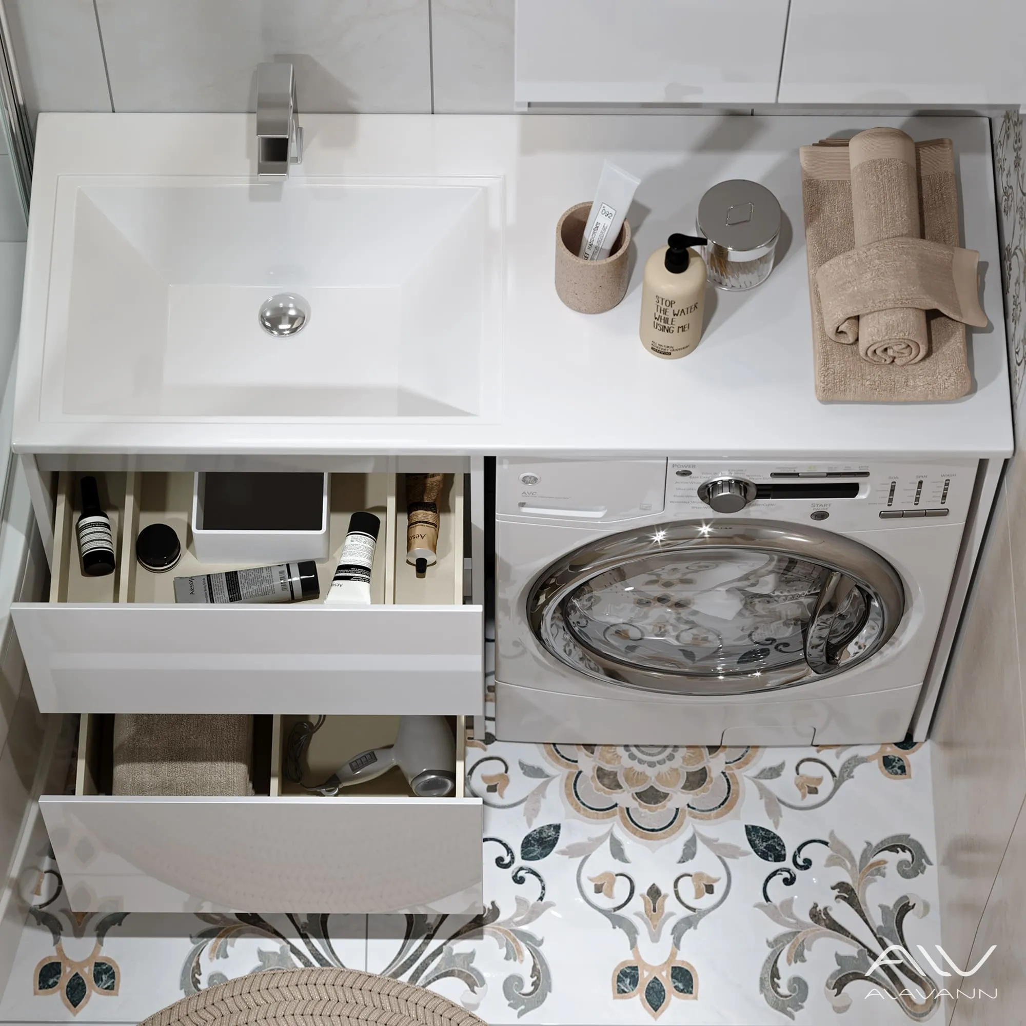 Тумба под стиральную машину Alavann-Soft Silver 120 белая (6)