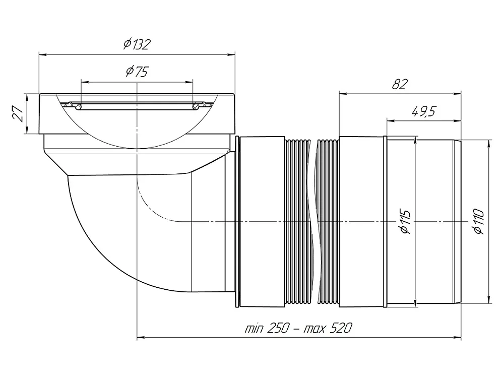 Удлинитель гибкий для унитаза АНИ Пласт K712R угол 90 градусов выпуск 110 мм 250-520 мм (2)