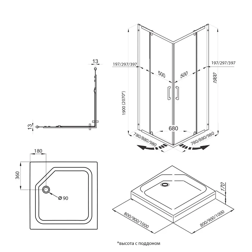 Душевое ограждение Каппа-Хром 90x90 (11)