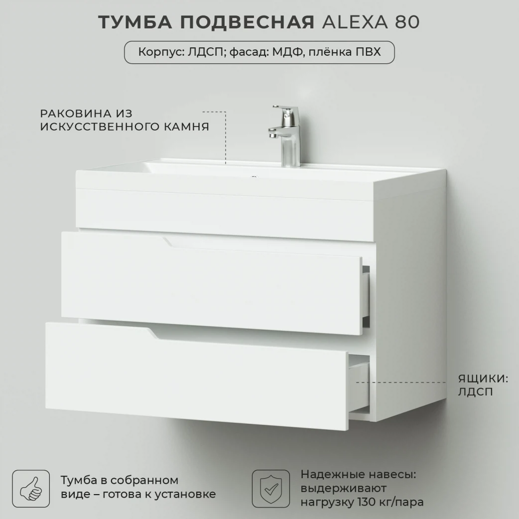 Тумба с раковиной подвесная Itana Alexa 80 с выдвижными ящиками Белый глянец (4)