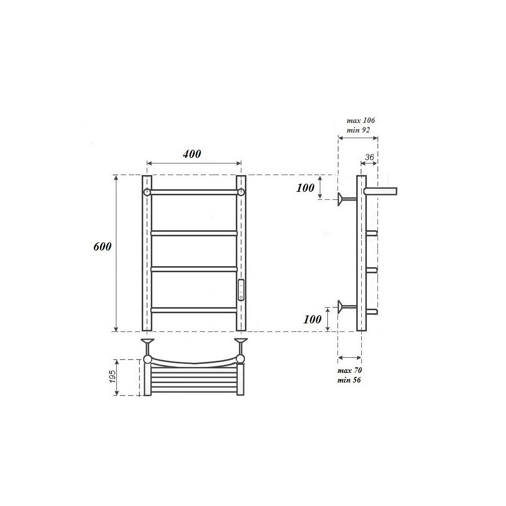 Полотенцесушитель Point Афина PN04846P П3 400x600 с полкой, диммер справа, хром (5)