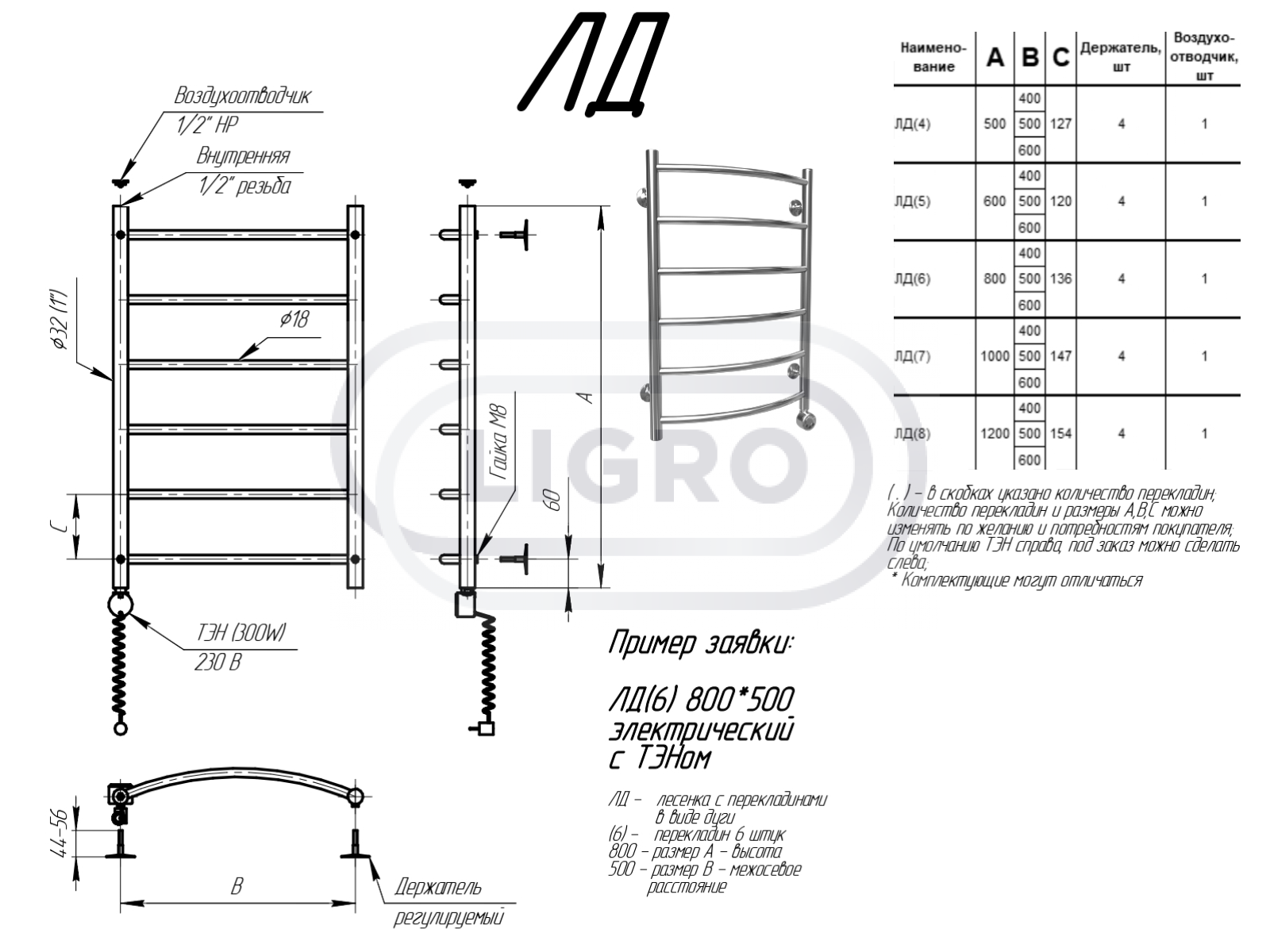 Полотенцесушитель Ligro ЛД (7) ТЭН 1000x600 (4)