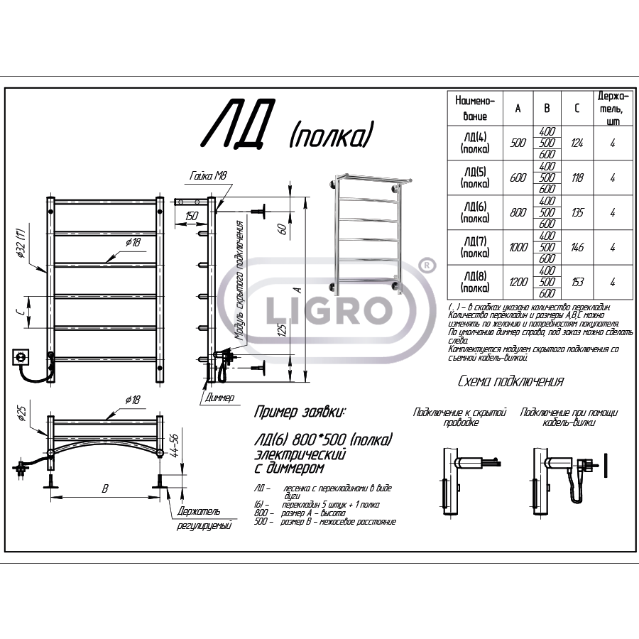 Полотенцесушитель Ligro ЛД (6) 650 450 хром полка диммер (4)