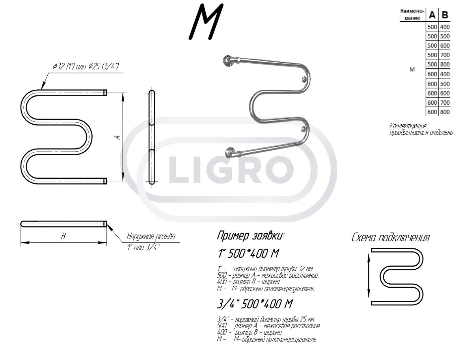 Полотенцесушитель Ligro водяной М-образный (4)