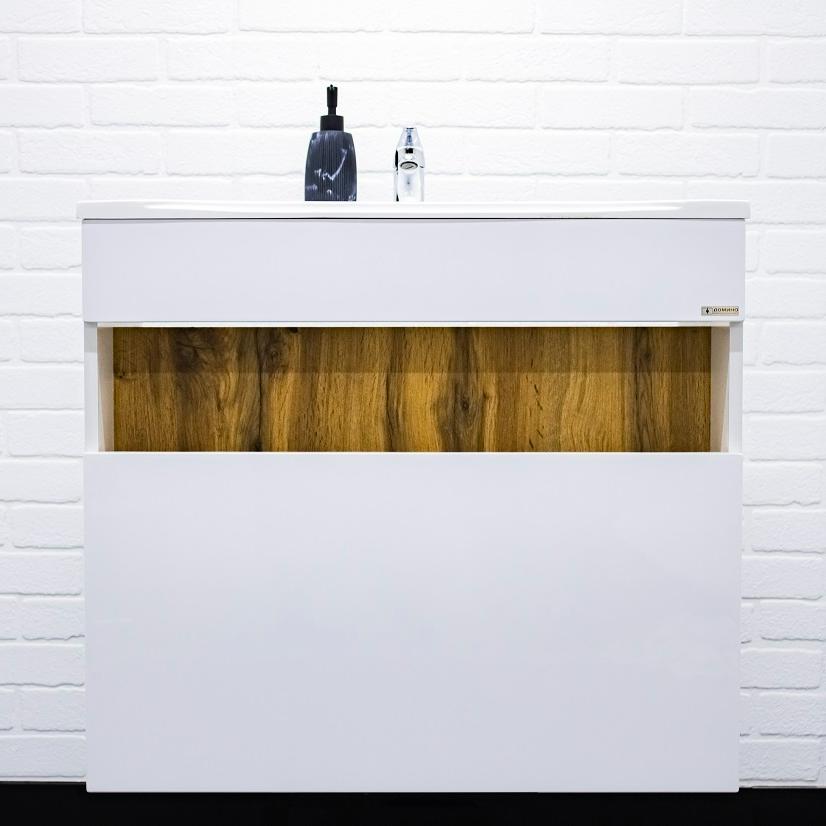 Тумба с раковиной подвесная Домино Fortuna 80 [Дуб Вотан; Белый, Глянец, Раковина Madera Milen 800, 