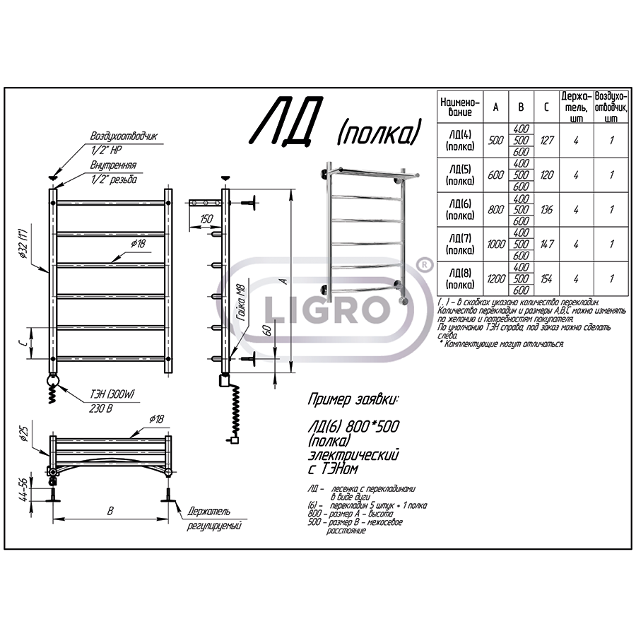 Полотенцесушитель Ligro ЛД (4) ТЭН 500x500 полка (4)