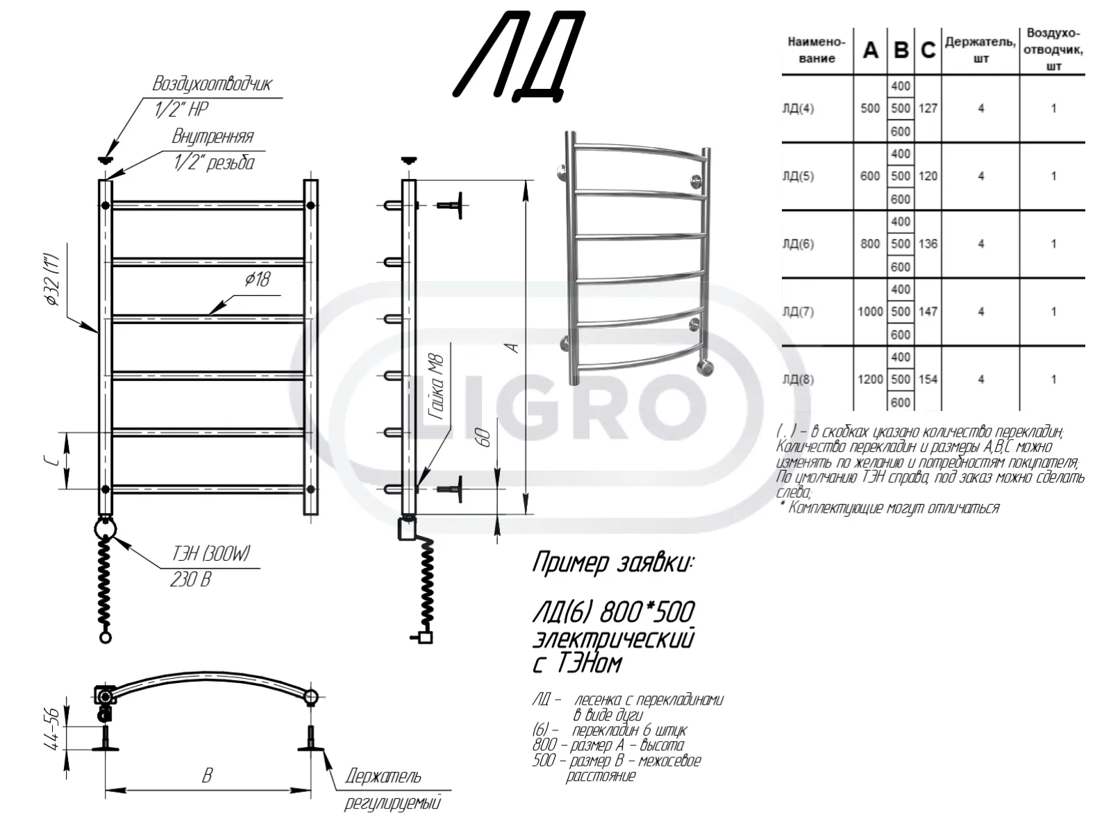 Полотенцесушитель Ligro ЛД (8) ТЭН 1200x500 (4)