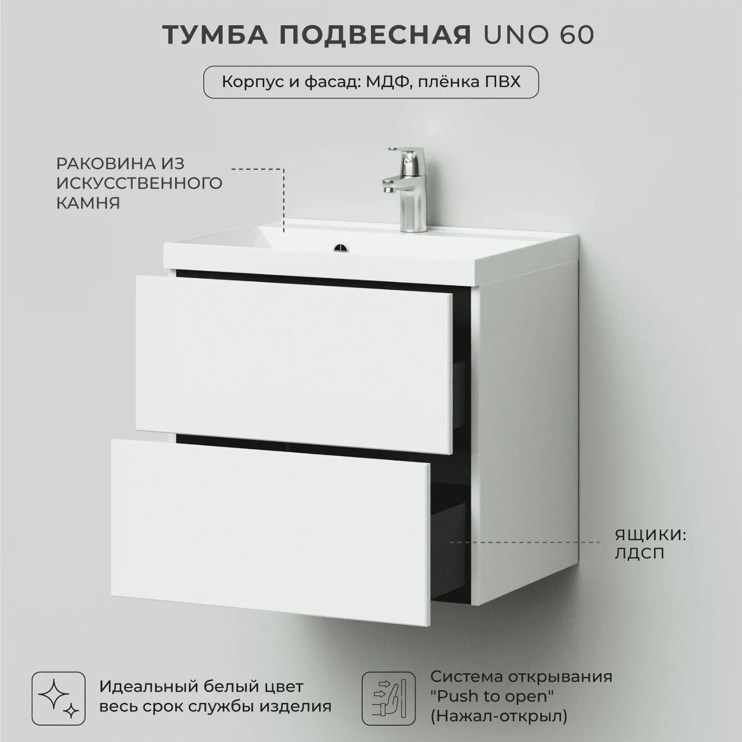 Тумба с раковиной Итана-Uno 60 Белый (4)